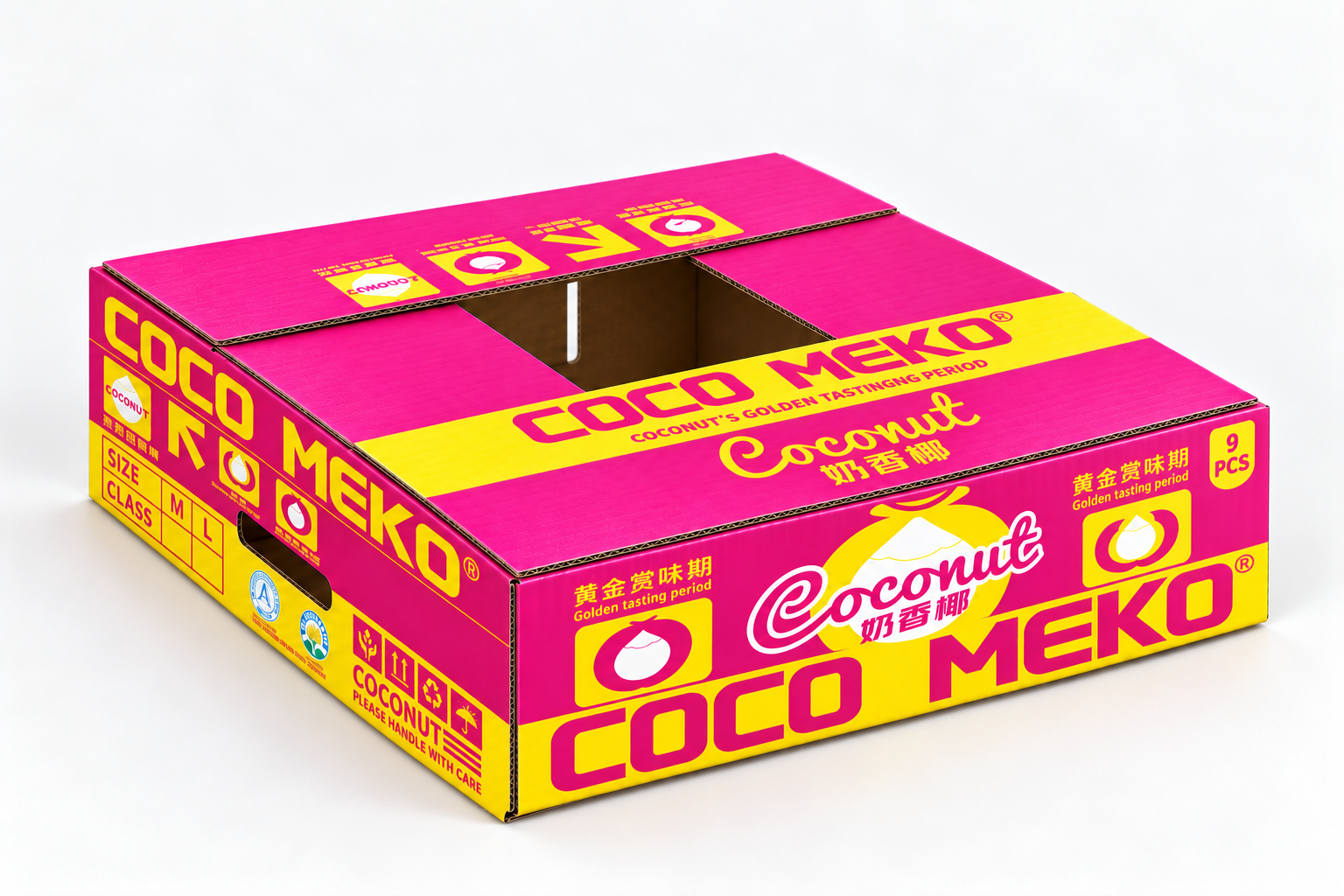 COCO MEKO 九颗装粉黄纸箱立体效果图，正方形箱底与低箱高比例